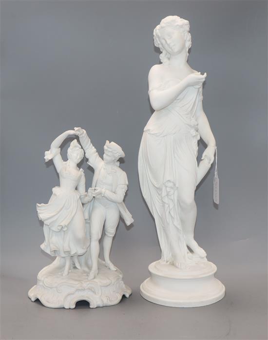 A classical bisque figurine, signed Ferru and a similar group of dancers